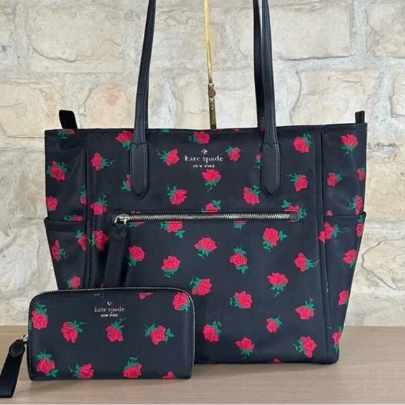 kate spade Black Tote with Red Rose Print and Matching Pouches - Picture 3 of 4